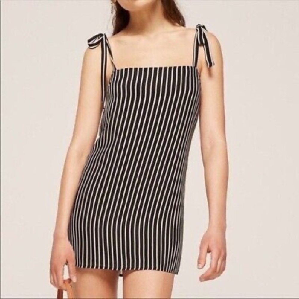 Reformation Black and White Striped Tie-Shoulder Mini Dress